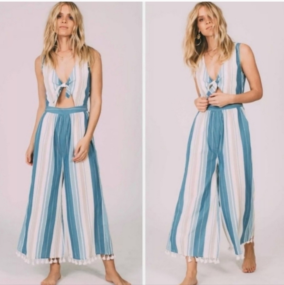 Cleobella Teal and White Striped Jumpsuit